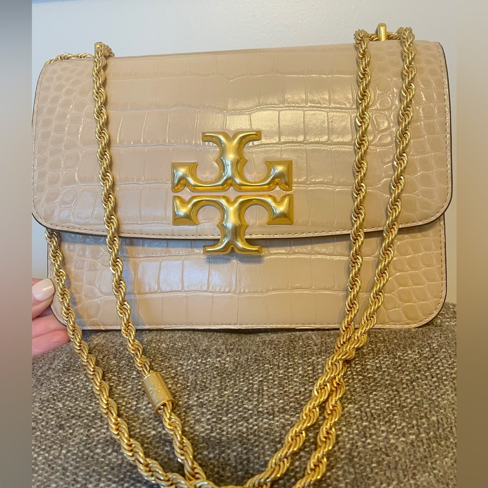 Tory Burch Large Eleanor crocodile embossed leather bag sand beige gold like new